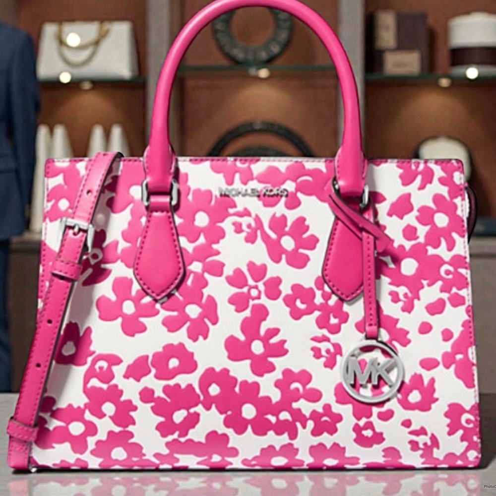 New Michael Kors Dragonfruit RARE White and Pink Floral Satchel